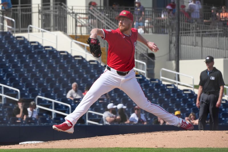 Feb 21, 2026; West Palm Beach, Florida, USA;  Washington Nationals pitcher Richard Lovelady (55) pitches in the third inning against the Houston Astros at CACTI Park of the Palm Beaches. Mandatory Credit: Jim Rassol-Imagn Images