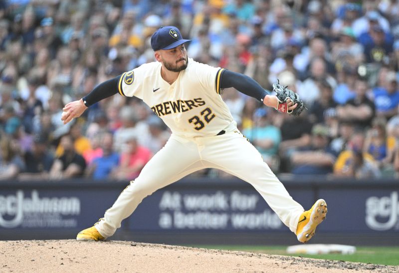 Jun 21, 2023; Milwaukee, Wisconsin, USA; Milwaukee Brewers relief pitcher Peter Strzelecki (32) delivers a pitch against the Arizona Diamondbacks in the seventh inning at American Family Field. Mandatory Credit: Michael McLoone-USA TODAY Sports