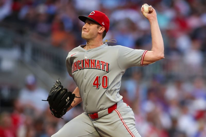 May 8, 2025; Atlanta, Georgia, USA; Cincinnati Reds starting pitcher Nick Lodolo (40) throws against the Atlanta Braves in the fourth inning at Truist Park. Mandatory Credit: Brett Davis-Imagn Images