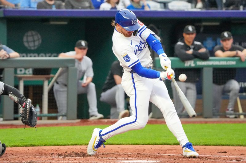 May 6, 2025; Kansas City, Missouri, USA; Kansas City Royals shortstop Bobby Witt Jr. (7) at bat against the Chicago White Sox in the third inning at Kauffman Stadium. Mandatory Credit: Denny Medley-Imagn Images