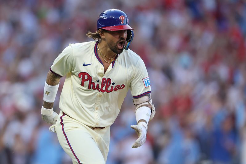 Oct 6, 2024; Philadelphia, Pennsylvania, USA; Philadelphia Phillies outfielder Nick Castellanos (8) runs the bases after hitting a home run in the sixth inning against the New York Mets during game two of the NLDS for the 2024 MLB Playoffs at Citizens Bank Park. Mandatory Credit: Bill Streicher-Imagn Images