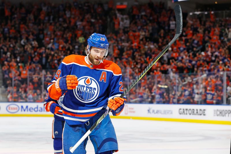 Mar 13, 2024; Edmonton, Alberta, CAN; Edmonton Oilers forward Leon Draisaitl (29) celebrates after scoring a goal during the first period against the Washington Capitals at Rogers Place. Mandatory Credit: Perry Nelson-USA TODAY Sports