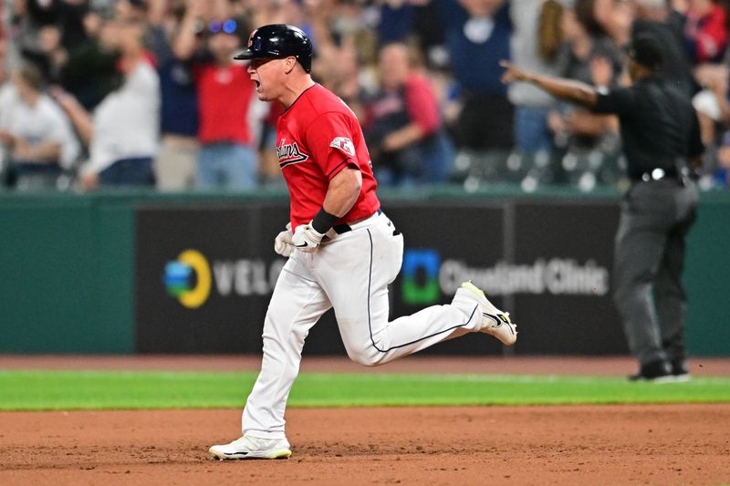 Aug 22, 2023; Cleveland, Ohio, USA; Cleveland Guardians first baseman Kole Calhoun (56) rounds the bases after hitting a home run during the seventh inning against the Los Angeles Dodgers at Progressive Field. Mandatory Credit: Ken Blaze-USA TODAY Sports