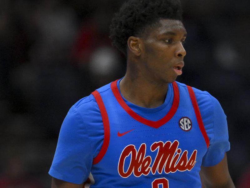Mar 14, 2026; Nashville, TN, USA;  Mississippi Rebels forward Malik Dia (0) brings the ball up court A| during the second half at Bridgestone Arena. Mandatory Credit: Steve Roberts-Imagn Images