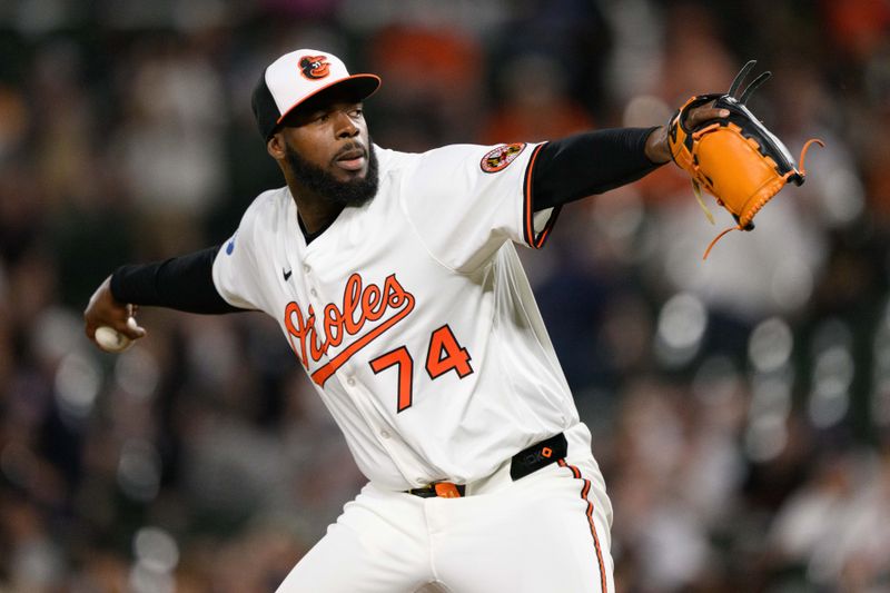Apr 30, 2025; Baltimore, Maryland, USA; Baltimore Orioles pitcher Félix Bautista (74) throws a pitch during the ninth inning against the New York Yankees at Oriole Park at Camden Yards. Mandatory Credit: Reggie Hildred-Imagn Images