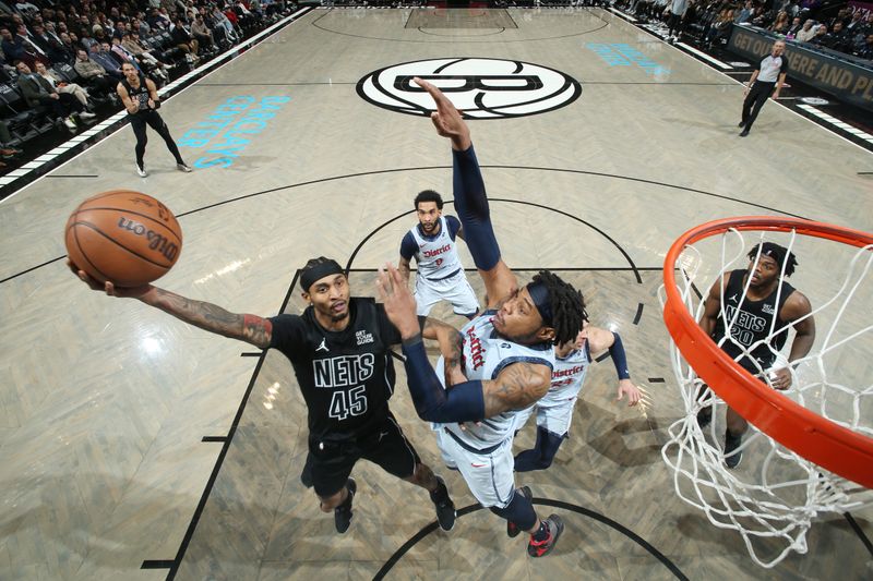 BROOKLYN, NY - FEBRUARY 5: Keon Johnson #45 of the Brooklyn Nets shoots the ball during the game against the Washington Wizards on February 5, 2025 at Barclays Center in Brooklyn, New York. NOTE TO USER: User expressly acknowledges and agrees that, by downloading and or using this Photograph, user is consenting to the terms and conditions of the Getty Images License Agreement. Mandatory Copyright Notice: Copyright 2025 NBAE (Photo by Nathaniel S. Butler/NBAE via Getty Images)