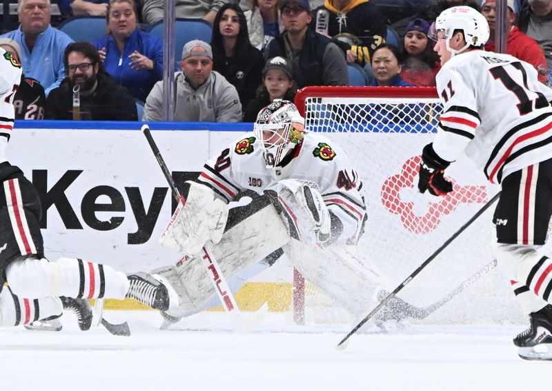 Nov 21, 2025; Buffalo, New York, USA; Chicago Blackhawks goaltender Arvid Soderblom (40) in the first period at KeyBank Center. Mandatory Credit: Mark Konezny-Imagn Images