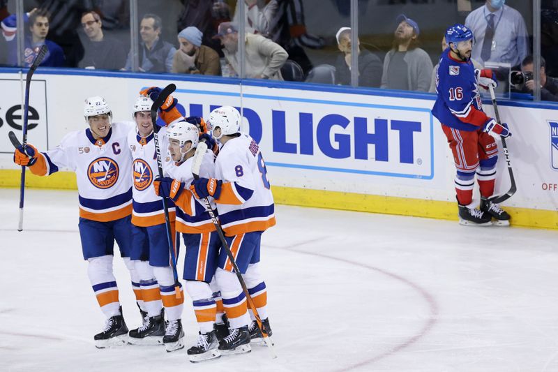 Nov 8, 2022; New York, New York, USA; New York Islanders players celebrate a goal by New York Islanders center Brock Nelson (29) during the third period of a game against the New York Rangers at Madison Square Garden. Mandatory Credit: Jessica Alcheh-USA TODAY Sports