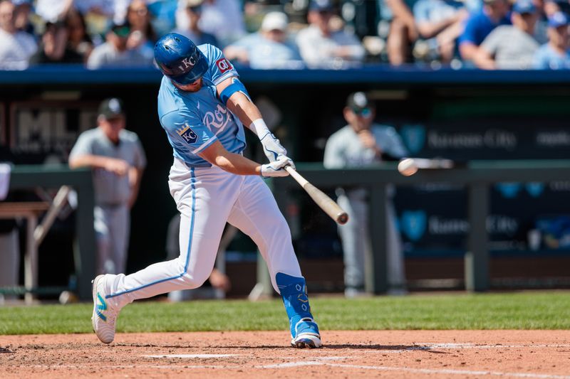 Apr 7, 2024; Kansas City, Missouri, USA; Kansas City Royals outfielder Hunter Renfroe (16) hits a home run during the fifth inning against the Chicago White Sox at Kauffman Stadium. Mandatory Credit: William Purnell-USA TODAY Sports