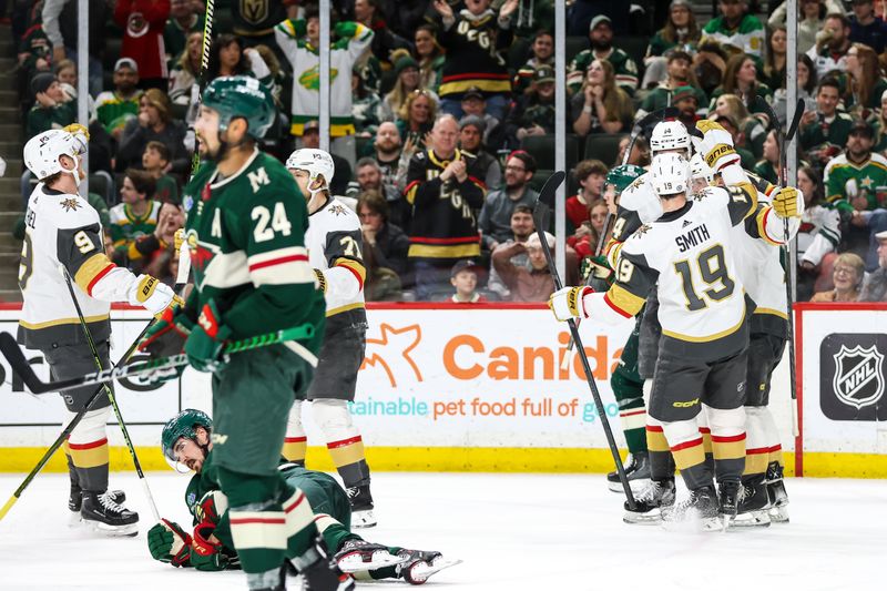 Apr 3, 2023; Saint Paul, Minnesota, USA; Vegas Golden Knights left wing Pavel Dorofeyev (16) celebrates his goal with teammates during the third period against the Minnesota Wild at Xcel Energy Center. Mandatory Credit: Matt Krohn-USA TODAY Sports