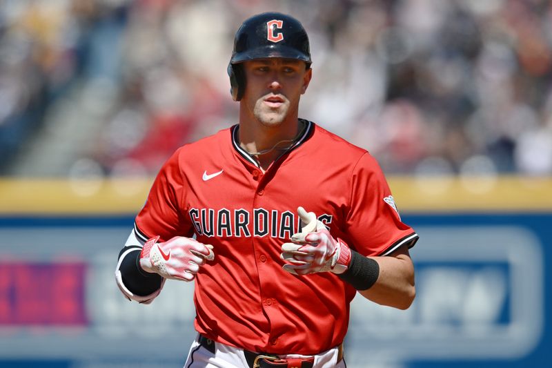 Apr 27, 2025; Cleveland, Ohio, USA; Cleveland Guardians right fielder Nolan Jones (22) rounds the bases after hitting a home run during the sixth inning against the Boston Red Sox at Progressive Field. Mandatory Credit: Ken Blaze-Imagn Images
