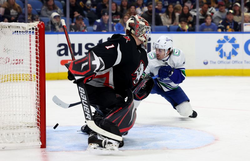 Nov 29, 2024; Buffalo, New York, USA;  Vancouver Canucks right wing Conor Garland (8) scores a goal on Buffalo Sabres goaltender Ukko-Pekka Luukkonen (1) during the third period at KeyBank Center. Mandatory Credit: Timothy T. Ludwig-Imagn Images