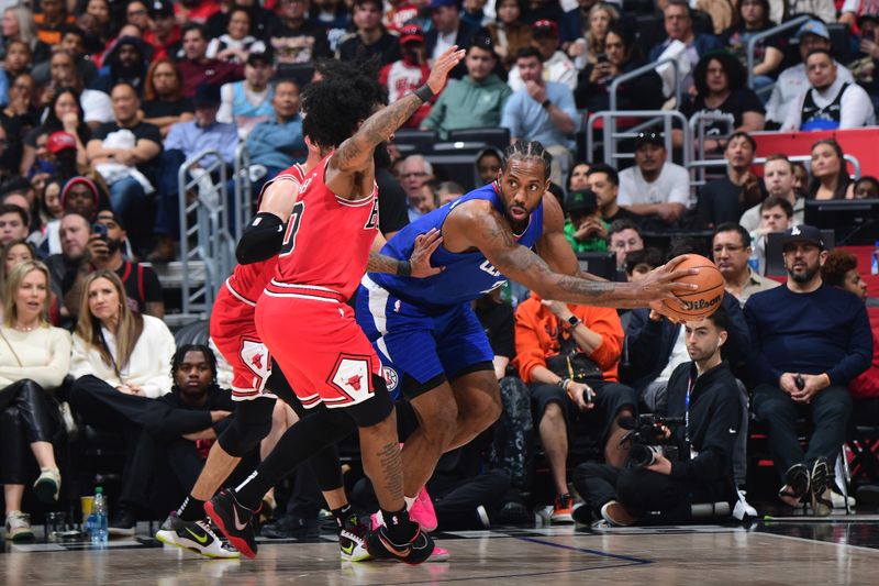 LOS ANGELES, CA - MARCH 9: Kawhi Leonard #2 of the LA Clippers handles the ball during the game against the Chicago Bulls on March 9, 2024 at Crypto.Com Arena in Los Angeles, California. NOTE TO USER: User expressly acknowledges and agrees that, by downloading and/or using this Photograph, user is consenting to the terms and conditions of the Getty Images License Agreement. Mandatory Copyright Notice: Copyright 2024 NBAE (Photo by Adam Pantozzi/NBAE via Getty Images)