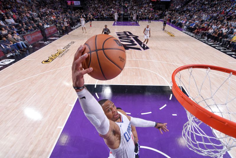 SACRAMENTO, CA - APRIL 2:  Russell Westbrook #0 of the LA Clippers goes to the basket during the game on April 2, 2024 at Golden 1 Center in Sacramento, California. NOTE TO USER: User expressly acknowledges and agrees that, by downloading and or using this Photograph, user is consenting to the terms and conditions of the Getty Images License Agreement. Mandatory Copyright Notice: Copyright 2024 NBAE (Photo by Rocky Widner/NBAE via Getty Images)