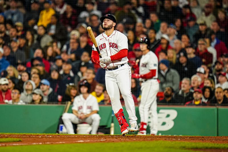 Sep 26, 2023; Boston, Massachusetts, USA; Boston Red Sox right fielder Wilyer Abreu (52) hits a double to drive in two runs against the Tampa Bay Rays in the sixth inning at Fenway Park. Mandatory Credit: David Butler II-USA TODAY Sports