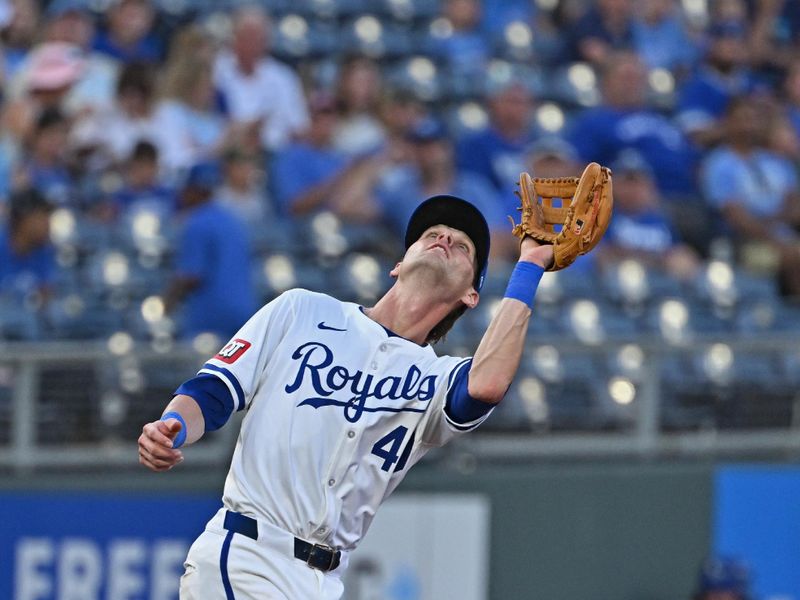 Jun 25, 2024; Kansas City, Missouri, USA; Kansas City Royals third baseman CJ Alexander (40) makes a catch in the fourth inning against the Miami Marlins at Kauffman Stadium. Mandatory Credit: Peter Aiken-USA TODAY Sports