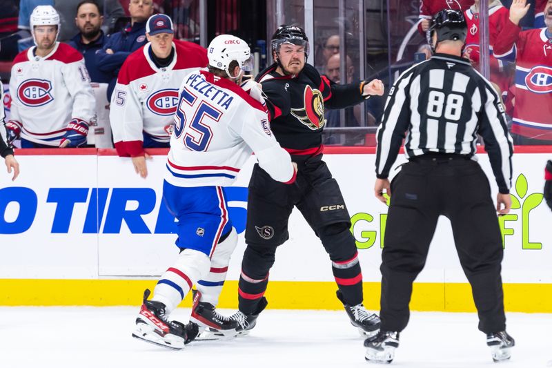 Apr 11, 2025; Ottawa, Ontario, CAN; Montreal Canadiens  left wing Michael Pezzetta (55) fights with Ottawa Senators right wing Hayden Hodgson (42) in the second period at the Canadian Tire Centre. Mandatory Credit: Marc DesRosiers-Imagn Images