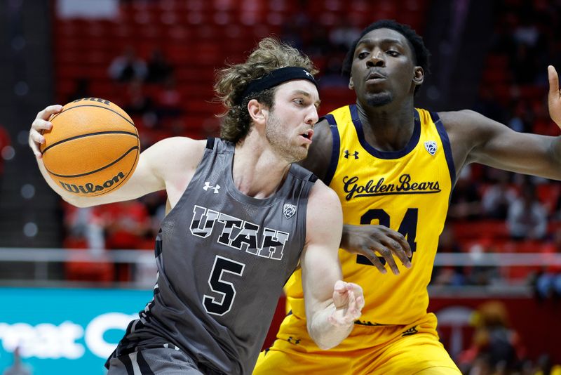 Feb 5, 2023; Salt Lake City, Utah, USA; Utah Utes guard Jaxon Brenchley (5) drives against California Golden Bears forward Sam Alajiki (24) in the second half at Jon M. Huntsman Center. Mandatory Credit: Jeffrey Swinger-USA TODAY Sports