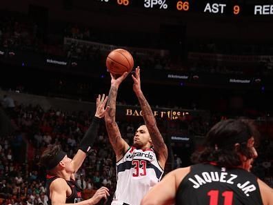 MIAMI, FL - NOVEMBER 3: Kyle Kuzma #33 of the Washington Wizards shoots the ball during the game against the Miami Heat during the In-Season Tournament on November 3, 2023 at Kaseya Center in Miami, Florida. NOTE TO USER: User expressly acknowledges and agrees that, by downloading and or using this Photograph, user is consenting to the terms and conditions of the Getty Images License Agreement. Mandatory Copyright Notice: Copyright 2023 NBAE (Photo by Issac Baldizon/NBAE via Getty Images)