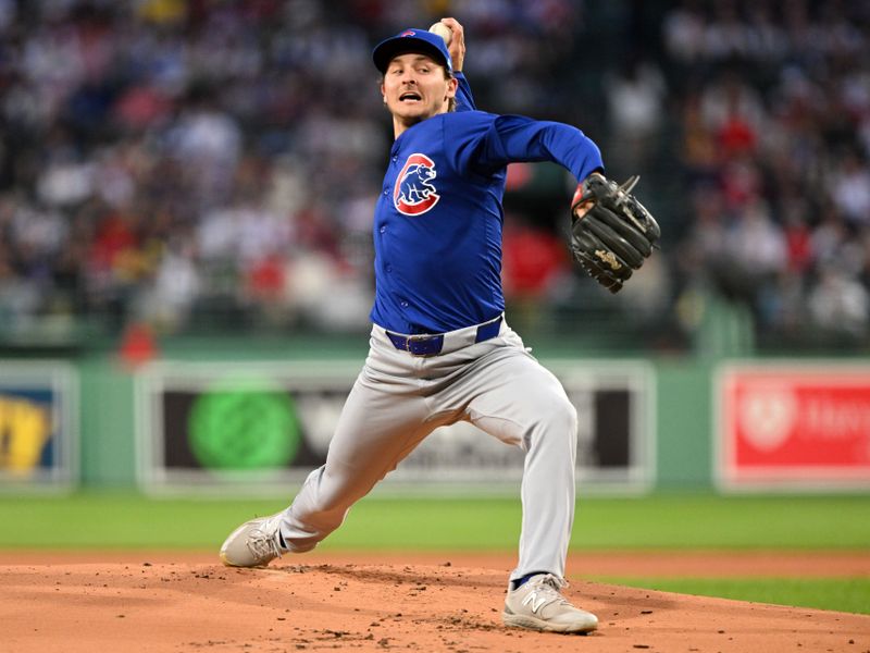 Apr 28, 2024; Boston, Massachusetts, USA; Chicago Cubs relief pitcher Hayden Wesneski (19) pitches against the Boston Red Sox during the first inning at Fenway Park. Mandatory Credit: Brian Fluharty-USA TODAY Sports