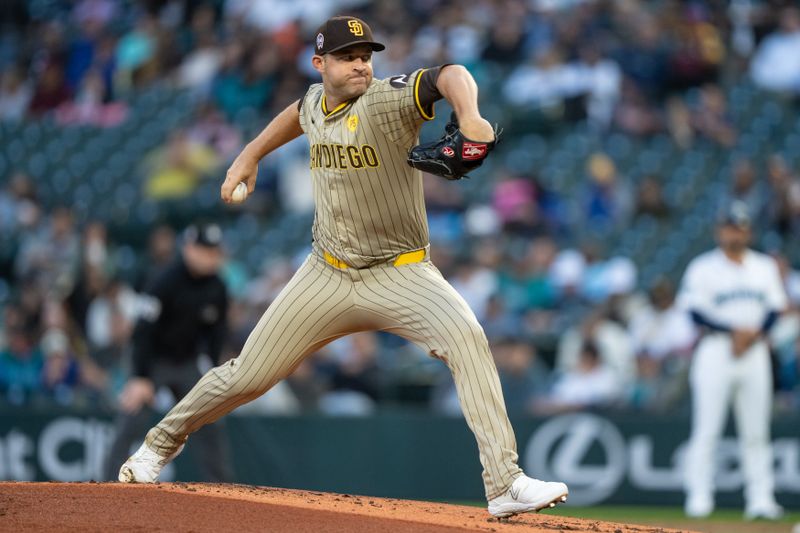 Sep 11, 2024; Seattle, Washington, USA;  San Diego Padres starter Michael King (34) delivers a pitch during the second inning against the Seattle Mariners at T-Mobile Park. Mandatory Credit: Stephen Brashear-Imagn Images