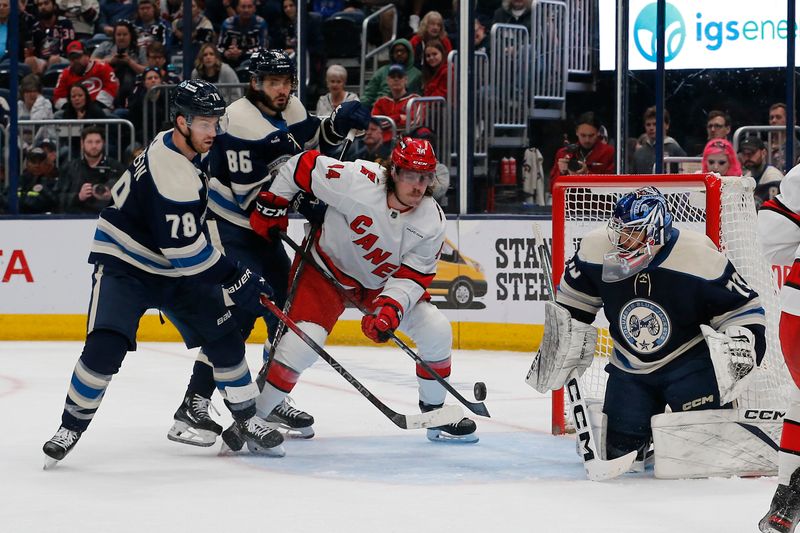 Apr 16, 2024; Columbus, Ohio, USA; Carolina Hurricanes left wing Maxine Comtois (44) looks for a rebound of a Columbus Blue Jackets goalie Jet Greaves (73) save during the third period at Nationwide Arena. Mandatory Credit: Russell LaBounty-USA TODAY Sports