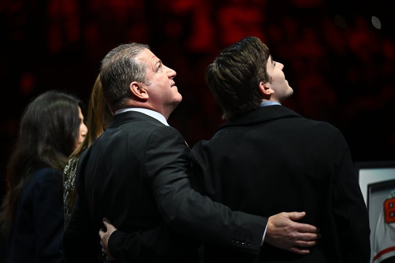 Jan 27, 2024; Philadelphia, Pennsylvania, USA; Philadelphia Flyers former player Mark Recchi watches a banner unveiling during his induction ceremony into the Flyers Hall of Fame before a game against the Boston Bruins at Wells Fargo Center. Mandatory Credit: Kyle Ross-USA TODAY Sports