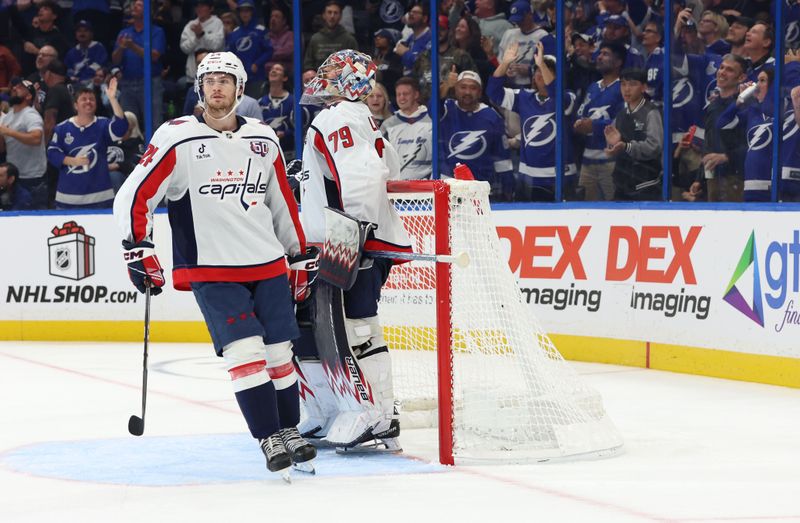 Nov 27, 2024; Tampa, Florida, USA; Washington Capitals goaltender Charlie Lindgren (79) and Washington Capitals center Connor McMichael (24) look on after a goal against the Tampa Bay Lightning during the third period at Amalie Arena. Mandatory Credit: Kim Klement Neitzel-Imagn Images