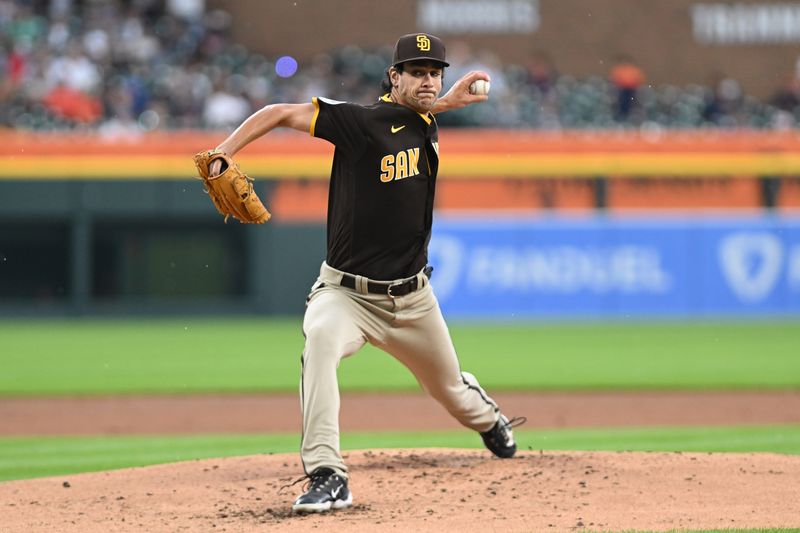 Jul 22, 2023; Detroit, Michigan, USA; San Diego Padres starting pitcher Jackson Wolf (43) pitches against the Detroit Tigers in the second inning at Comerica Park. Mandatory Credit: Lon Horwedel-USA TODAY Sports
