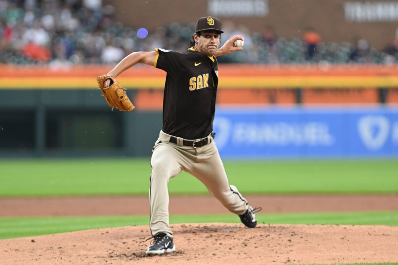 Jul 22, 2023; Detroit, Michigan, USA; San Diego Padres starting pitcher Jackson Wolf (43) pitches against the Detroit Tigers in the second inning at Comerica Park. Mandatory Credit: Lon Horwedel-USA TODAY Sports