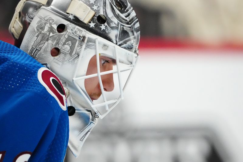 May 17, 2024; Denver, Colorado, USA; Colorado Avalanche goaltender Alexandar Georgiev (40) during a double overtime period against the Dallas Stars in game six of the second round of the 2024 Stanley Cup Playoffs at Ball Arena. Mandatory Credit: Ron Chenoy-USA TODAY Sports