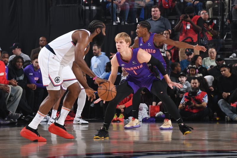 INGLEWOOD, CA - NOVEMBER 9: Gradey Dick #1 of the Toronto Raptors plays defense during the game against the LA Clippers on November 9, 2024 at Intuit Dome in Los Angeles, California. NOTE TO USER: User expressly acknowledges and agrees that, by downloading and/or using this Photograph, user is consenting to the terms and conditions of the Getty Images License Agreement. Mandatory Copyright Notice: Copyright 2024 NBAE (Photo by Noah Graham/NBAE via Getty Images)