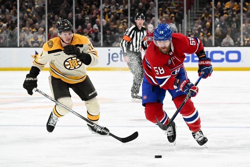 Jan 20, 2024; Boston, Massachusetts, USA; Montreal Canadiens defenseman David Savard (58) skates against Boston Bruins center Trent Frederic (11) during the second period at the TD Garden. Mandatory Credit: Brian Fluharty-USA TODAY Sports