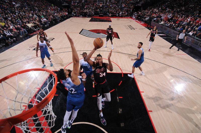 PORTLAND, OR - FEBRUARY 15: Jabari Walker #34 of the Portland Trail Blazers shoots the ball during the game against the Minnesota Timberwolves on February 15, 2024 at the Moda Center Arena in Portland, Oregon. NOTE TO USER: User expressly acknowledges and agrees that, by downloading and or using this photograph, user is consenting to the terms and conditions of the Getty Images License Agreement. Mandatory Copyright Notice: Copyright 2024 NBAE (Photo by Cameron Browne/NBAE via Getty Images)