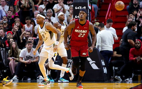 MIAMI, FLORIDA - NOVEMBER 30: Jimmy Butler #22 of the Miami Heat reacts after making a basket against the Indiana Pacers during the fourth quarter of the game at Kaseya Center on November 30, 2023 in Miami, Florida. NOTE TO USER: User expressly acknowledges and agrees that, by downloading and or using this photograph, User is consenting to the terms and conditions of the Getty Images License Agreement. (Photo by Megan Briggs/Getty Images)