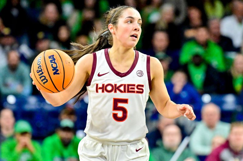 Feb 29, 2024; South Bend, Indiana, USA; Virginia Tech Hokies guard Georgia Amoore (5) dribbles in the first half against the Notre Dame Fighting Irish at the Purcell Pavilion. Mandatory Credit: Matt Cashore-USA TODAY Sports