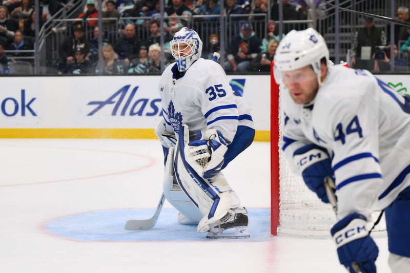 Jan 21, 2024; Seattle, Washington, USA; Toronto Maple Leafs goaltender Ilya Samsonov (35) defends the goal against the Seattle Kraken during the second period at Climate Pledge Arena. Mandatory Credit: Steven Bisig-USA TODAY Sports