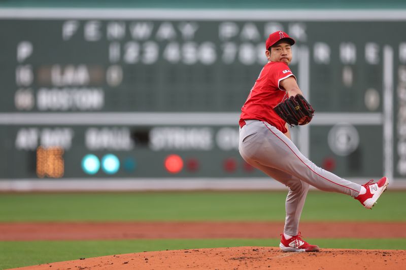 Jun 3, 2025; Boston, Massachusetts, USA; Los Angeles Angels starting pitcher Yusei Kikuchi (16) delivers a pitch during the first inning against the Boston Red Sox at Fenway Park. Mandatory Credit: Paul Rutherford-Imagn Images