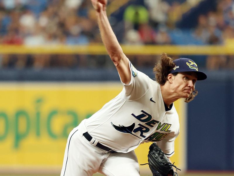 Oct 3, 2023; St. Petersburg, Florida, USA; Tampa Bay Rays starting pitcher Tyler Glasgow (20) pitches during the first inning against the Texas Rangers during game one of the Wildcard series for the 2023 MLB playoffs at Tropicana Field. Mandatory Credit: Kim Klement Neitzel-USA TODAY Sports