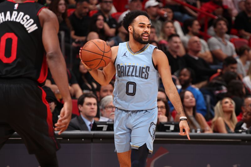 MIAMI, FL - JANUARY 24:  Jacob Gilyard #0 of the Memphis Grizzlies handles the ball during the game against the Miami Heat on January 24, 2024 at Kaseya Center in Miami, Florida. NOTE TO USER: User expressly acknowledges and agrees that, by downloading and or using this Photograph, user is consenting to the terms and conditions of the Getty Images License Agreement. Mandatory Copyright Notice: Copyright 2024 NBAE (Photo by Issac Baldizon/NBAE via Getty Images)