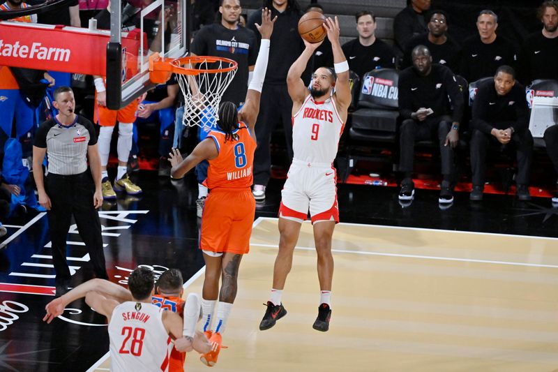 LAS VEGAS, NV - DECEMBER 14: Dillon Brooks #9 of the Houston Rockets drives to the basket during the game against the Oklahoma City Thunder during the Emirates NBA Cup Semifinal game on December 14, 2024 at T-Mobile Arena in Las Vegas, Nevada. NOTE TO USER: User expressly acknowledges and agrees that, by downloading and/or using this Photograph, user is consenting to the terms and conditions of the Getty Images License Agreement. Mandatory Copyright Notice: Copyright 2024 NBAE (Photo by David Becker/NBAE via Getty Images)