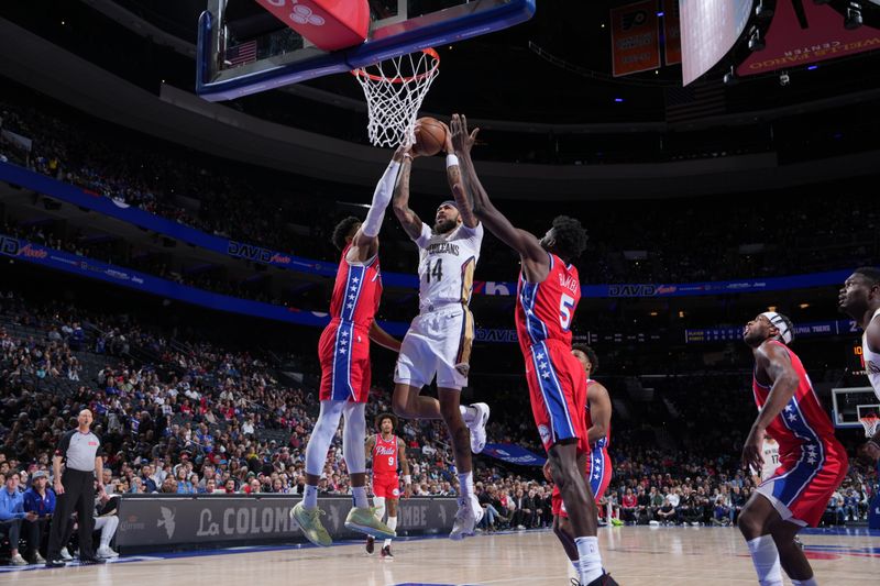 PHILADELPHIA, PA - MARCH 8: Brandon Ingram #14 of the New Orleans Pelicans drives to the basket during the game against the Philadelphia 76ers on March 8, 2024 at the Wells Fargo Center in Philadelphia, Pennsylvania NOTE TO USER: User expressly acknowledges and agrees that, by downloading and/or using this Photograph, user is consenting to the terms and conditions of the Getty Images License Agreement. Mandatory Copyright Notice: Copyright 2024 NBAE (Photo by Jesse D. Garrabrant/NBAE via Getty Images)