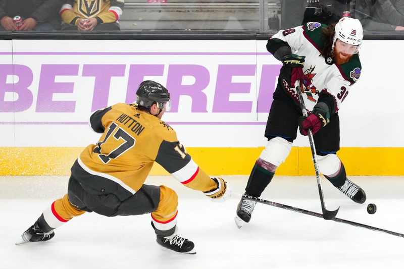 Nov 25, 2023; Las Vegas, Nevada, USA; Vegas Golden Knights defenseman Ben Hutton (17) deflects a pass attempt by Arizona Coyotes center Liam O'Brien (38) during the third period at T-Mobile Arena. Mandatory Credit: Stephen R. Sylvanie-USA TODAY Sports