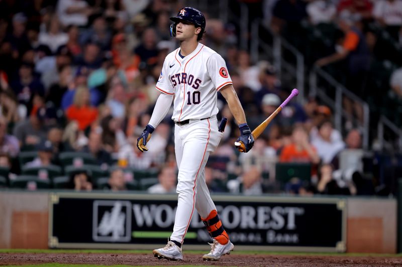 May 5, 2024; Houston, Texas, USA; Houston Astros center fielder Joey Loperfido (10) walks to the dugout after striking out to end the fifth inning against the Seattle Mariners at Minute Maid Park. Mandatory Credit: Erik Williams-USA TODAY Sports