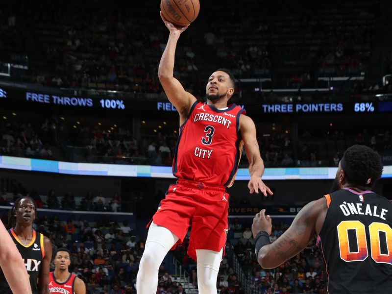 NEW ORLEANS, LA - APRIL 1:  CJ McCollum #3 of the New Orleans Pelicans drives to the basket during the game against the Phoenix Suns on April 1, 2024 at the Smoothie King Center in New Orleans, Louisiana. NOTE TO USER: User expressly acknowledges and agrees that, by downloading and or using this Photograph, user is consenting to the terms and conditions of the Getty Images License Agreement. Mandatory Copyright Notice: Copyright 2024 NBAE (Photo by Layne Murdoch Jr./NBAE via Getty Images)