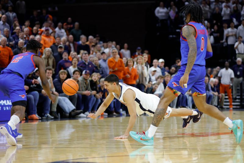 Jan 15, 2025; Charlottesville, Virginia, USA; Virginia Cavaliers guard Ishan Sharma (9) reaches for the ball between Southern Methodist Mustangs guard Boopie Miller (2) and Mustangs guard B.J. Edwards (0) during the second half at John Paul Jones Arena. Mandatory Credit: Amber Searls-Imagn Images