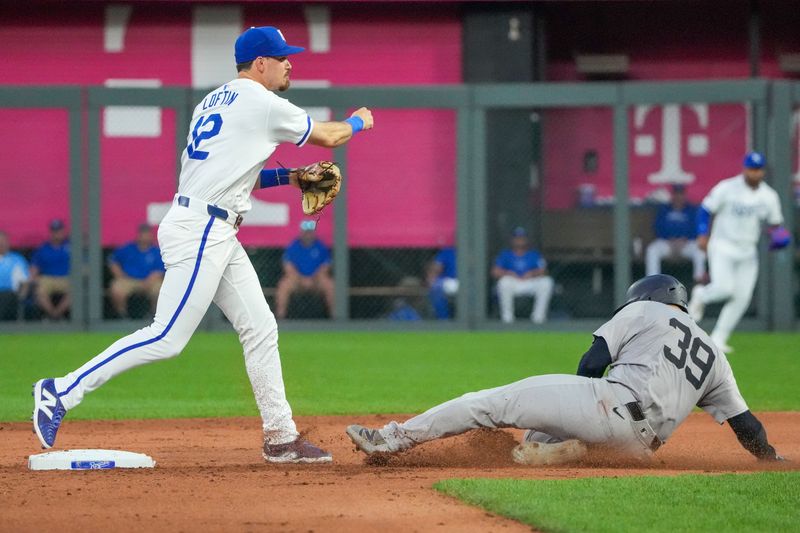 Jun 12, 2024; Kansas City, Missouri, USA; Kansas City Royals second baseman Nick Loftin (12) gets the force out at second base on New York Yankees catcher Jose Trevino (39) and throws to first for a double play in the sixth inning at Kauffman Stadium. Mandatory Credit: Denny Medley-USA TODAY Sports