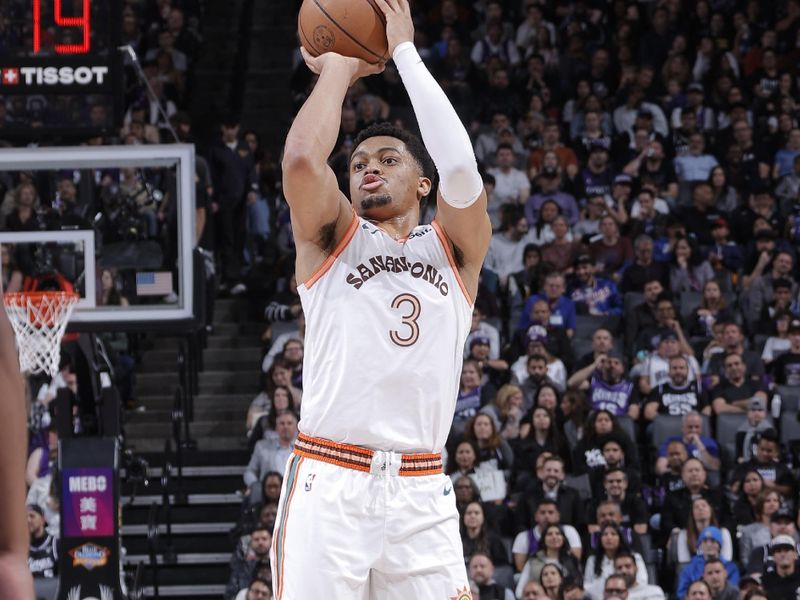 SACRAMENTO, CA - FEBRUARY 22: Keldon Johnson #3 of the San Antonio Spurs shoots the ball during the game against the Sacramento Kings on February 22, 2024 at Golden 1 Center in Sacramento, California. NOTE TO USER: User expressly acknowledges and agrees that, by downloading and or using this Photograph, user is consenting to the terms and conditions of the Getty Images License Agreement. Mandatory Copyright Notice: Copyright 2023 NBAE (Photo by Rocky Widner/NBAE via Getty Images)