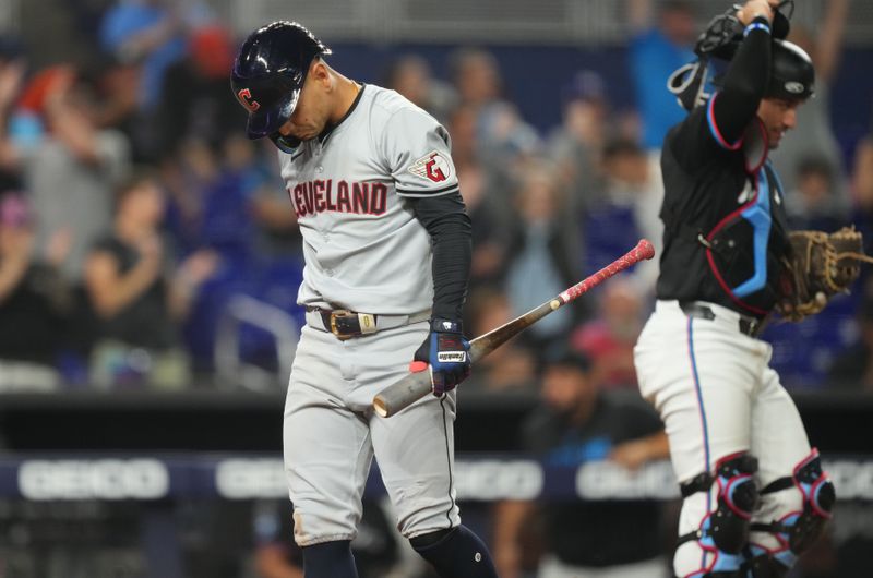 Jun 7, 2024; Miami, Florida, USA;  Cleveland Guardians second baseman Andres Gimenez (0) strikes out to end the game against the Miami Marlins at loanDepot Park. Mandatory Credit: Jim Rassol-USA TODAY Sports