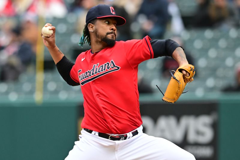 Apr 23, 2023; Cleveland, Ohio, USA; Cleveland Guardians relief pitcher Emmanuel Clase (48) throws a pitch during the ninth inning against the Miami Marlins at Progressive Field. Mandatory Credit: Ken Blaze-USA TODAY Sports